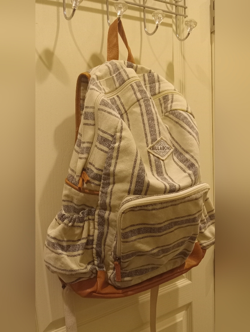 Billabong Cream and Brown Striped Canvas Backpack